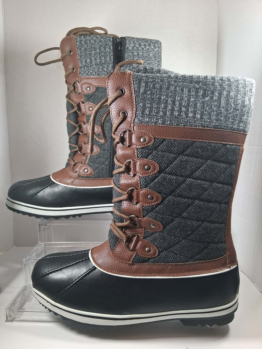 Women’s Mid-Calf Lace-Up Waterproof Snow Boots Herringbone Leather Size 11